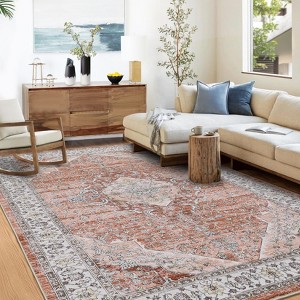 Boho Vintage Floral Printed Area Rug Machine Washable Foldable Ultra Thin Non Slip Stain Resistant Carpet for Living Room Bedroom - 1 of 4