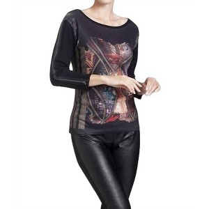 Women's Sheer Panel Graphic Print Top - ANGEL - 1 of 2