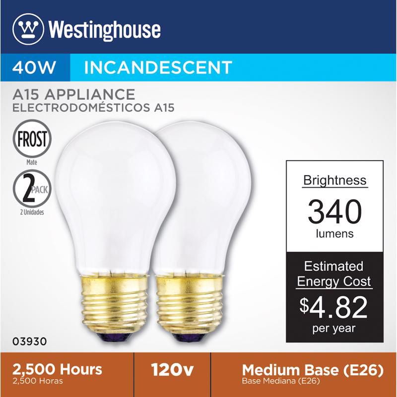 Westinghouse 40 W A15 A-Line Incandescent Bulb E26 (Medium) White 2 pk, 1 of 2