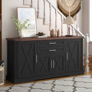 ORRD 63" Farmhouse Storage Cabinet Barn Door, 2 Drawers, Adjustable Shelves Buffet Table for Kitchen Dining Room（Black） - 1 of 4