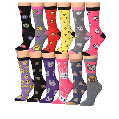 Tipi Toe Women's 12 Pairs Cheerful Cute Emojis Animal Faces Colorful Patterned Lightweight Crew Socks