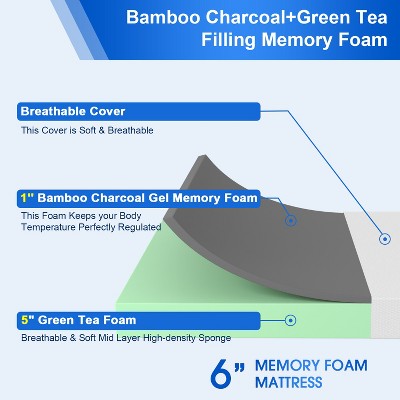FDW 6 Inch King Bamboo Charcoal Gel Infused Memory Foam Mattress/Medium Firm Mattresses/Green Tea Memory Foam Mattress/Bed-in-a-Box,King
