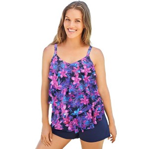 Swim 365 Women's Plus Size Longer-Length Tiered-Ruffle Tankini Top - 1 of 4