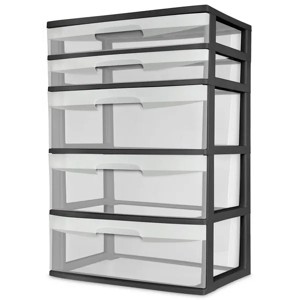 5 Drawer Wide Tower, with both Shallow and Deep Clear Plastic Drawers - 1 of 4