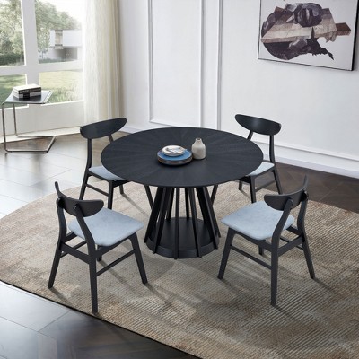 5 PCS Round Dining Table Set Dining Set with 4 Upholstered Dining Chairs&Rubber Wood Table, Walnut/Black-ModernLuxe
