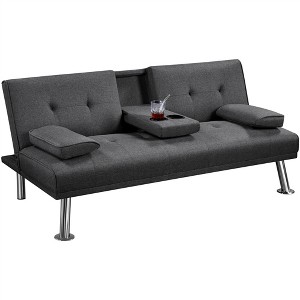 Yaheetech Convertible Futon Sofa Bed Tufted Fabric Futon with Cupholders and Pillows - 1 of 4