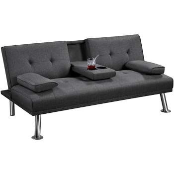 Yaheetech Convertible Futon Sofa Bed Tufted Fabric Futon with Cupholders and Pillows