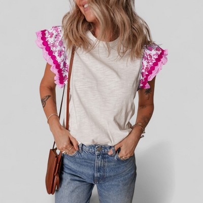 Amaryllis Women’s Ruffle Sleeve Contrast Trim Floral Embroidered Top Soft Knit Bodice T-Shirt- Medium ,White Pink