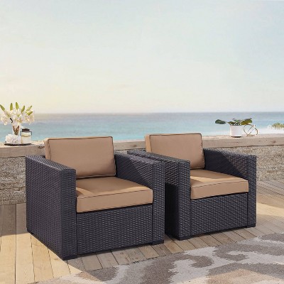 Mocha Resin Wicker Patio Arm Chairs with Cushions, Set of 2