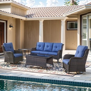Gymojoy 5 Pieces Outdoor Wicker Sofa with Swivel Chairs, Coffee Table, Patio Furniture Set - 1 of 4