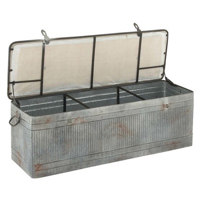 Gray Galvanized Metal Storage Bench with Beige Upholstered Seat