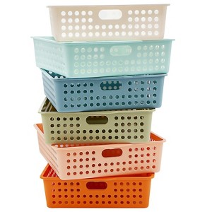 4E's Novelty 6 Pack Classroom Paper Baskets, Organizing Desk Boho Tray for A4 Papers, Classroom Plastic Paper Bins, Fun Turn In Trays for Teachers - 1 of 4