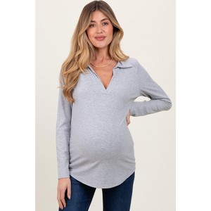 Pinkblush Heather Grey Ribbed Collared Maternity Long Sleeve Top - 1 of 4