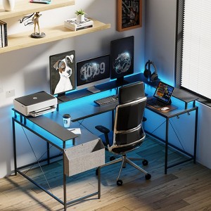 U Shaped Desk, 126 Inch Gaming Desk with Monitor Stand and LED Lights, Reversible Shaped Large Computer Desk with Power Outlets - 1 of 4