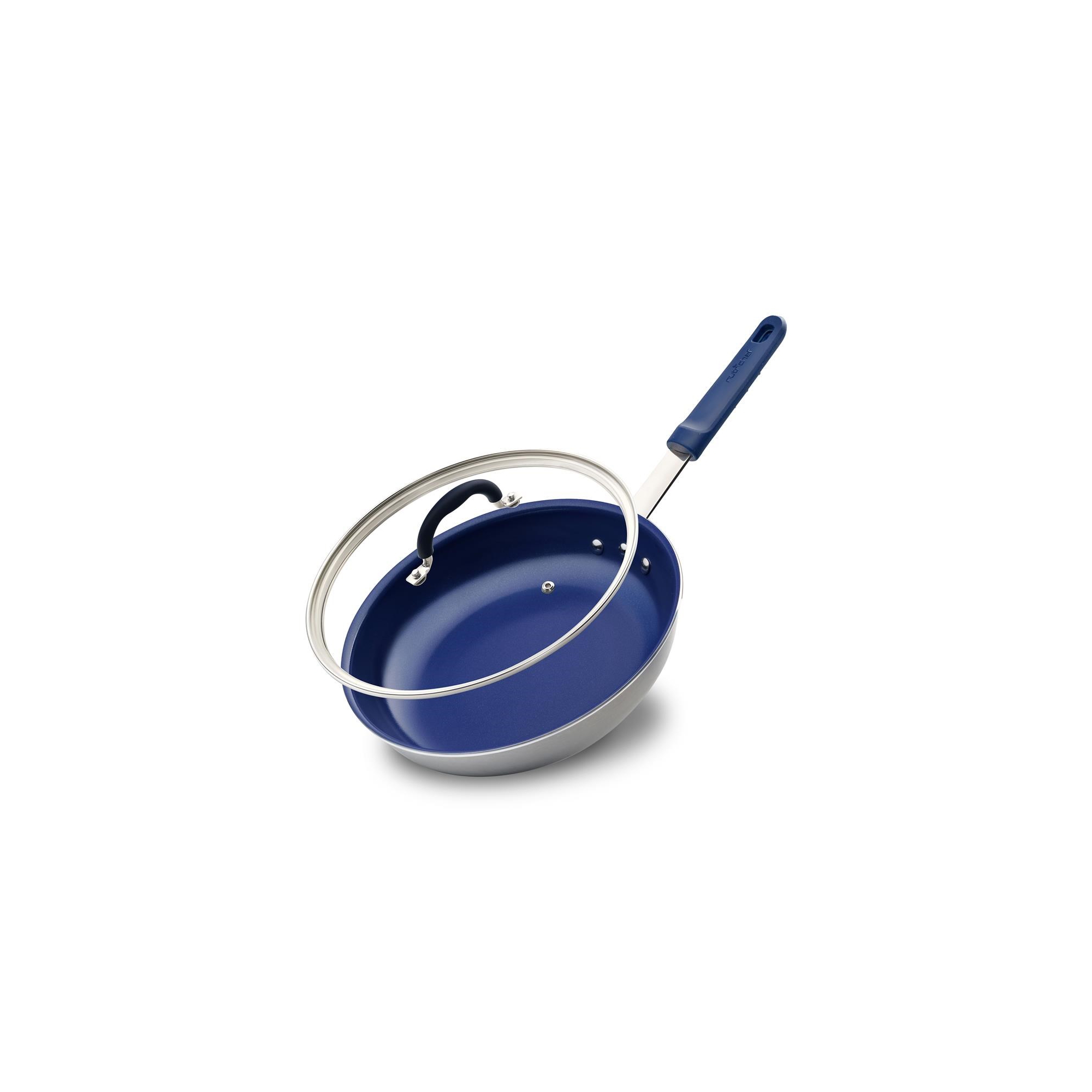 NutriChef 8" Fry Pan With Lid - Small Skillet Nonstick Frying Pan With Lid, Silicone Handle, Ceramic Coating, Blue Silicone Handle