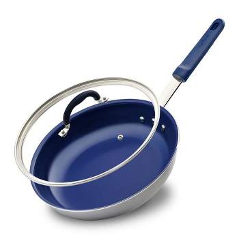 NutriChef 8" Fry Pan With Lid - Small Skillet Nonstick Frying Pan With Lid, Silicone Handle, Ceramic Coating, Blue Silicone Handle