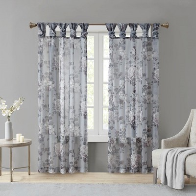 Simone Printed Floral Rod Pocket and Back Tab Voile Sheer Curtain