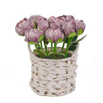 10" Artificial Purple Peony Arrangement in White Basket - National Tree Company