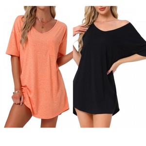 INSPIRE CHIC Women's 2 Pcs Soft V-Neck Curved-Hem Cozy Oversized Nightshirt with Chest Pocket - 1 of 4