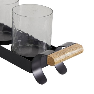 Black Metal and Wood Candle Holder Set with Glass Sleeves