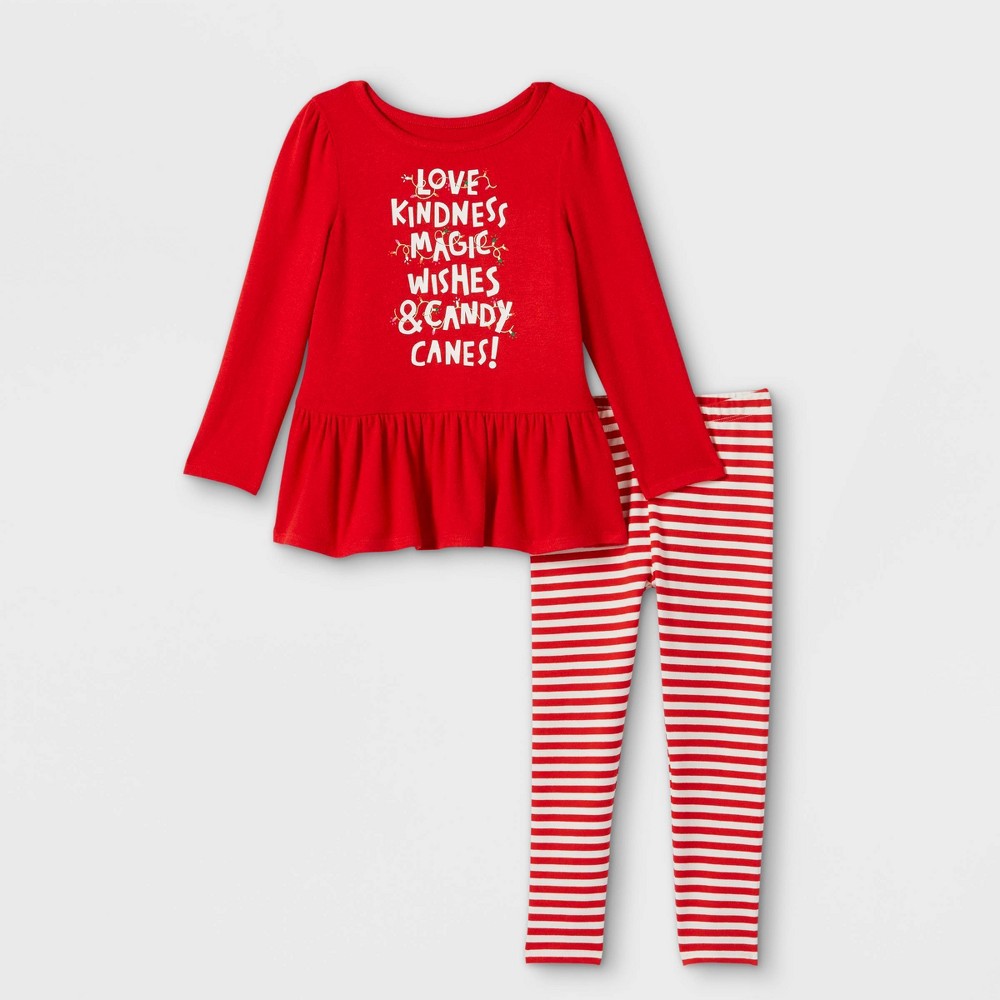 Size 3T Toddler Girls' Holiday Long Sleeve Top & Striped Leggings Set - Cat & Jack Red 