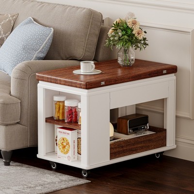 Coffee table with white base and dark wood top beside sofa