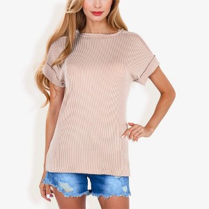 Anna-Kaci Women's Striped Knit Top with Crew Neck and Short Sleeves, Casual Loose Fit Comfortable Blouse - 1 of 4