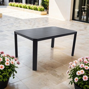 59'' Aluminum Rectangle Outdoor Dining Table for 6, Patio Table with Post Legs, Umbrella Hole,Alternating Wide and Narrow Slats - Koiai - 1 of 4