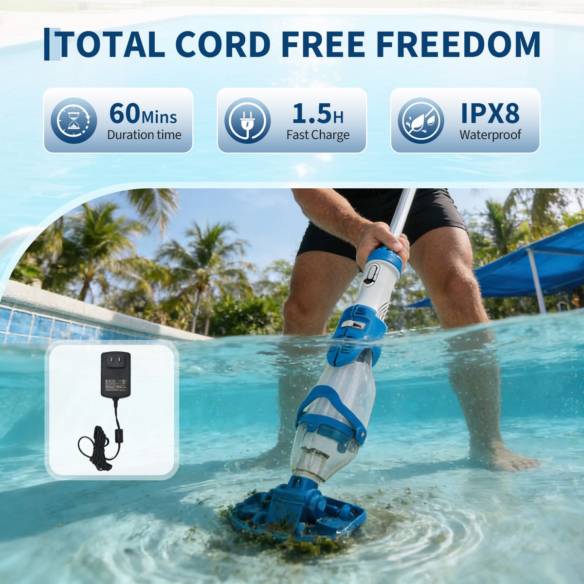 Handheld Pool Vacuum with Telescopic Pole, Swimming Pool Cleaner 19.8GPM Suction for Above Ground Inground Pools Spa Hot Tub, Dual-Filter System - thumbnail 3