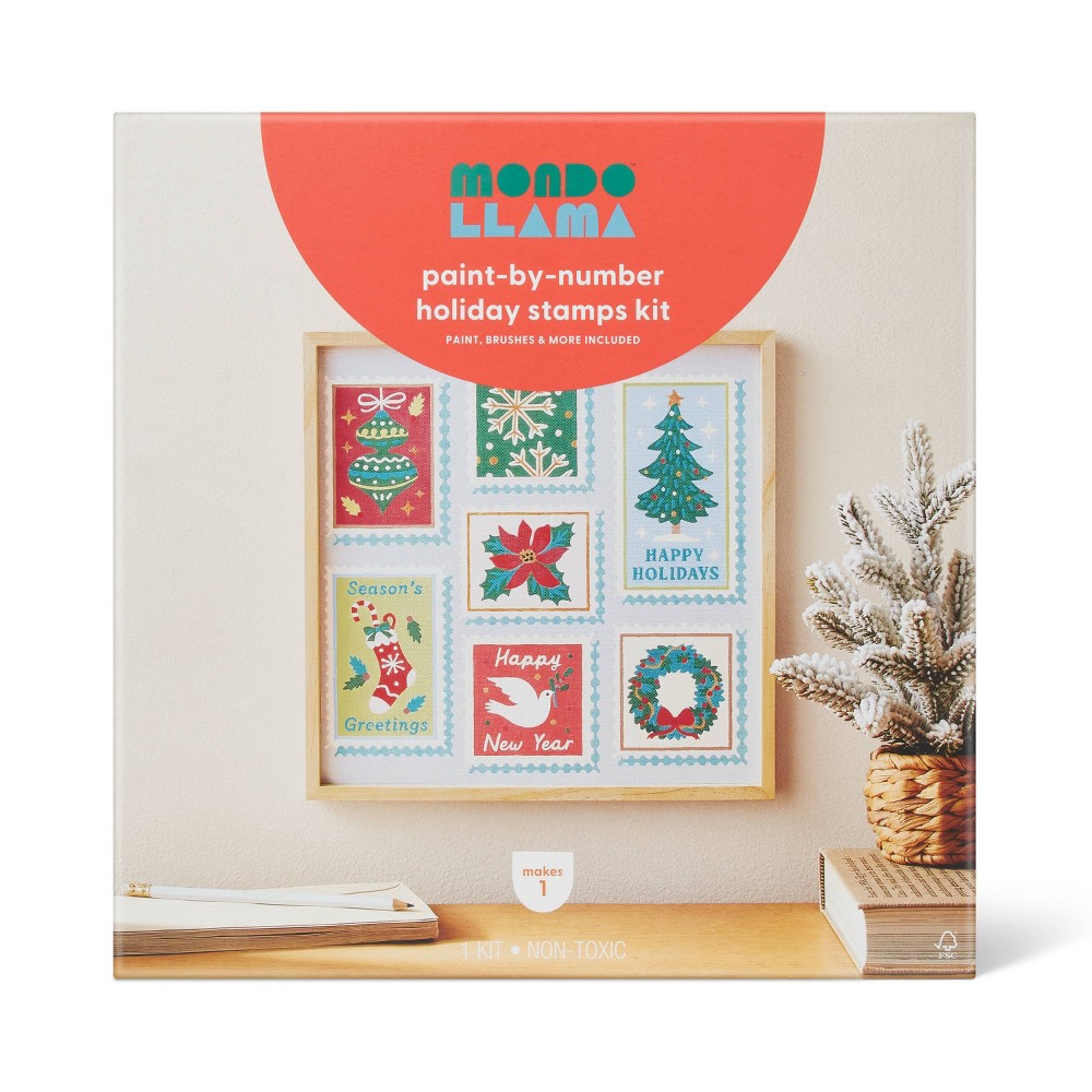 Christmas Craft Paint-by-Number Holiday Stamps Kit- Mondo Llama™: Non-Toxic Acrylic Paints, Canvas Board, Adult Crafting