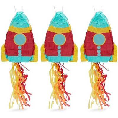 Blue Panda 3 Pack Mini Rocket Ship Pull Pinatas for Outer Space Party, 8 x 5.9 x 2.5"