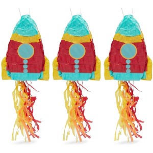 Blue Panda 3 Pack Mini Rocket Ship Pull Pinatas for Outer Space Party, 8 x 5.9 x 2.5" - 1 of 4