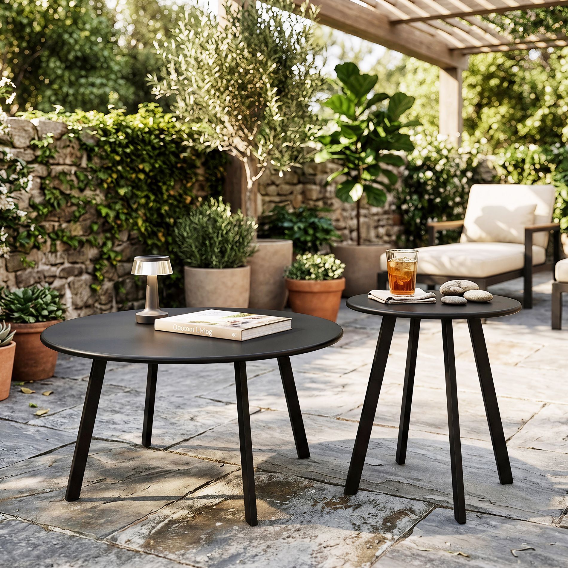 GDFStudio Eurynome 2 Piece Modern Patio Metal Round Coffee Table Set, Black