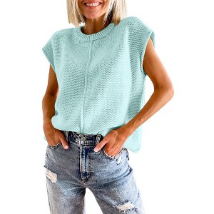 Womens Cap Sleeve Sweater Vest Crew Neck Knit Sleeveless Tank Tops Casual Lightweight Pullover Sweaters - 1 of 4