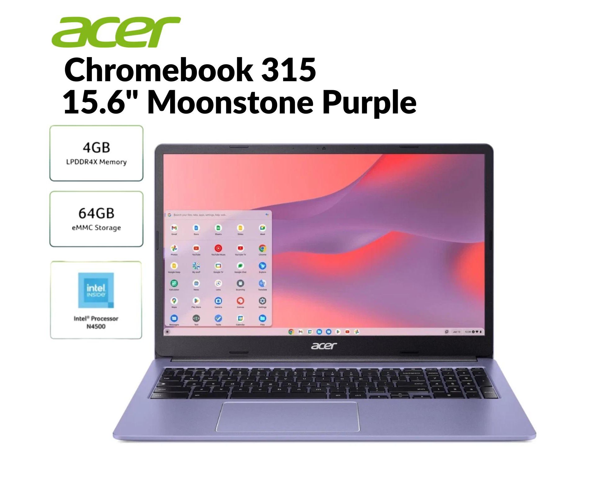 Refurbished Acer Chromebook 315 - 15.6" CB315-4H-C0VN Intel Celeron N4500 UHD Graphics 4GB RAM 64GB eMMC Moonstone Purple - Manufacturer Refurbished