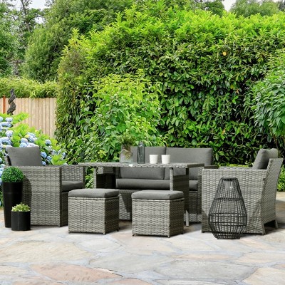 Mixed Gray PE Rattan 6-Piece Outdoor Dining Set with Cushions