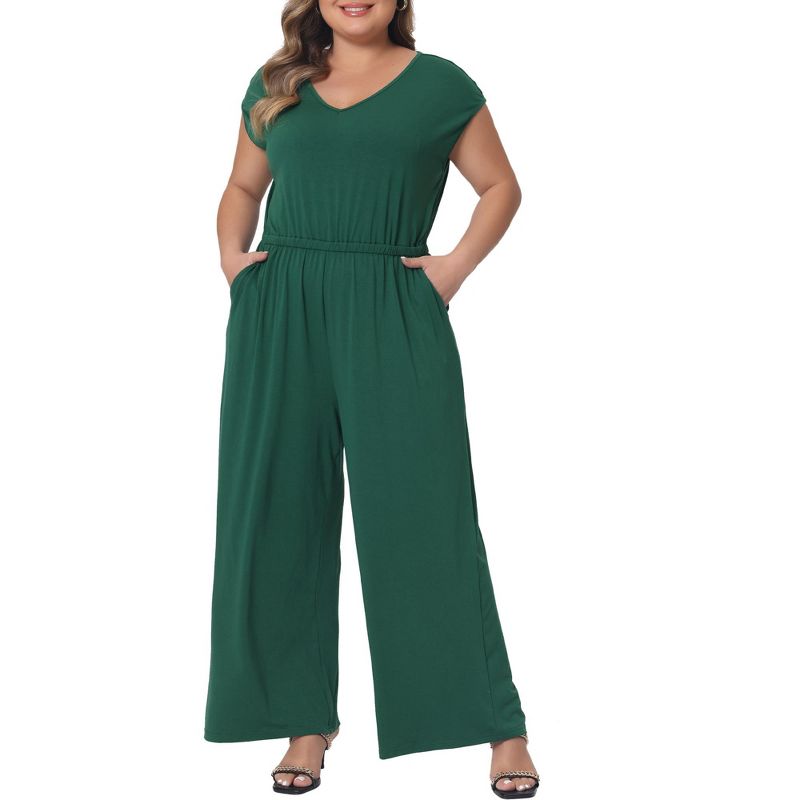 Agnes Orinda Women's Plus Size V Neck Cap Sleeve Wide Legs with Pockets Casual Jumpsuits, 1 of 6