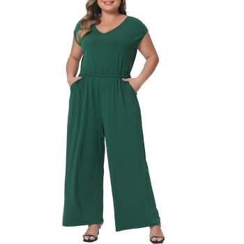 Agnes Orinda Women's Plus Size V Neck Cap Sleeve Wide Legs with Pockets Casual Jumpsuits