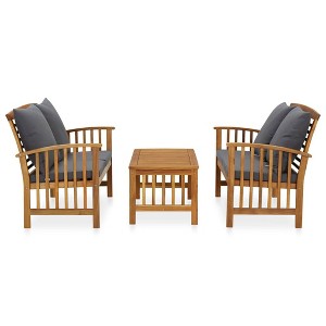 vidaXL Lounge Set Made of Solid Acacia Wood, 3-Piece Patio Furniture Set with Coffee Table, Armrests and Curved Backrest, Dark Gray Cushions Included - 1 of 4