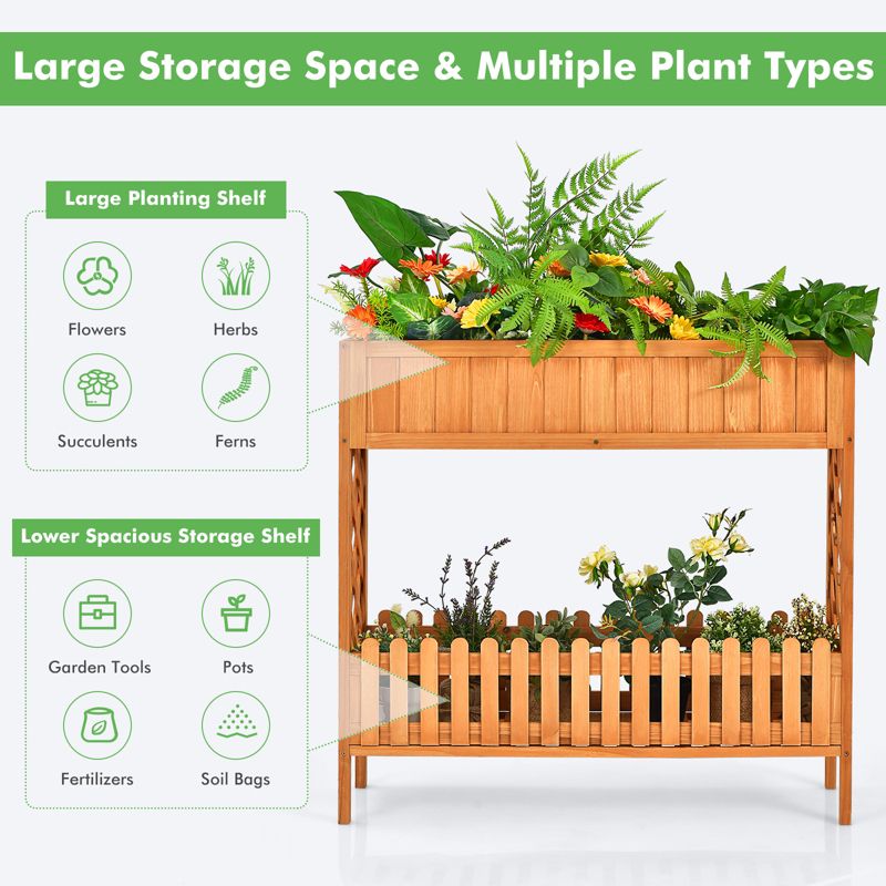 Tangkula Outdoor 2-Tier Wood Planter Raised Garden Bed Elevated Planter Box Kit w/Liner & Shelf for Backyard Patio, 4 of 9