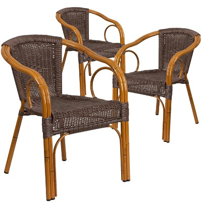 Emma and Oliver 3 Pack Dark Brown Rattan Restaurant Patio Chair with Red Bamboo-Aluminum Frame