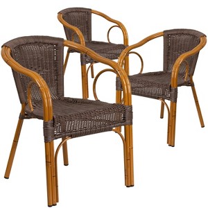 Emma and Oliver 3 Pack Dark Brown Rattan Restaurant Patio Chair with Red Bamboo-Aluminum Frame - 1 of 4