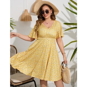 YesFashion Women's Plus Size Boho Floral V Neck Ruffle Short Sleeve Dress Elastic High Waist A Line Summer Dress - 1 of 4