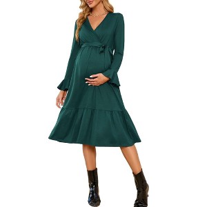 Women's Maternity V Neck Wrap Midi Fall Dress Long Sleeve Boho Casual Nursing Swing Dress Baby Shower Photoshoot Belt - 1 of 4