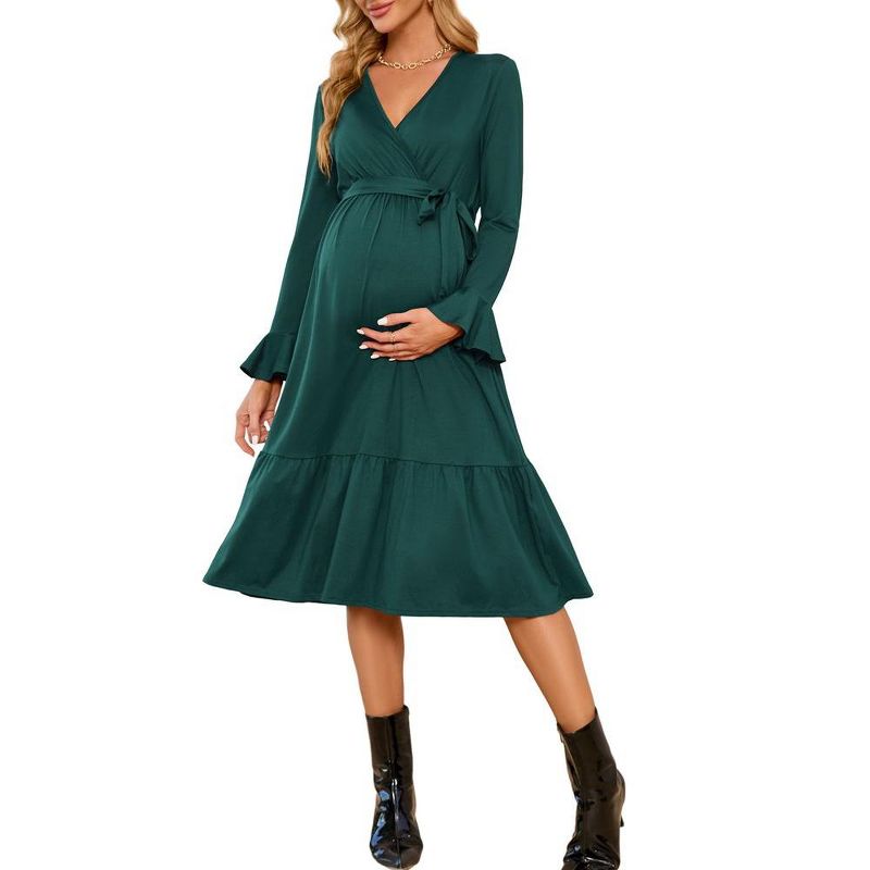 Women's Maternity V Neck Wrap Maxi Fall Dress Long Sleeve Boho Casual Nursing Swing Dress Baby Shower Photoshoot Belt, 1 of 8
