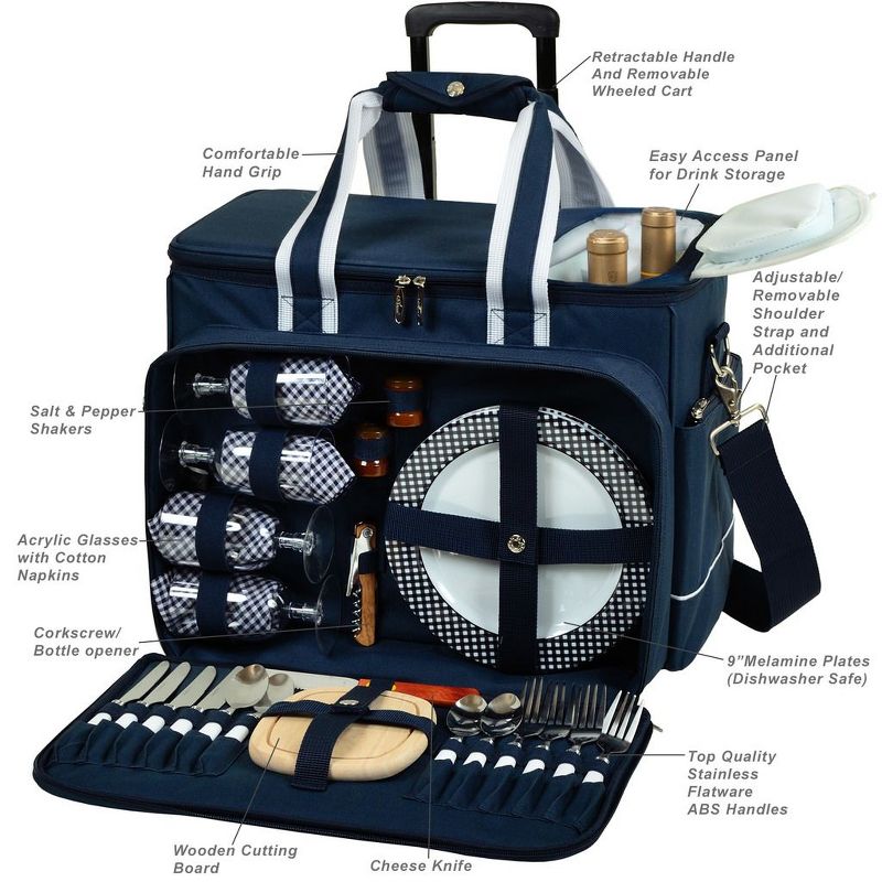 Picnic at Ascot- Ultimate Insulated Picnic Cooler on Wheels with Service for 4 - Navy, 3 of 7