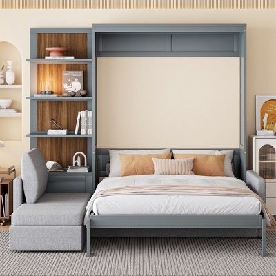 Queen Size Murphy Bed Wall Bed with Sofa and Storage Shelves - ModernLuxe