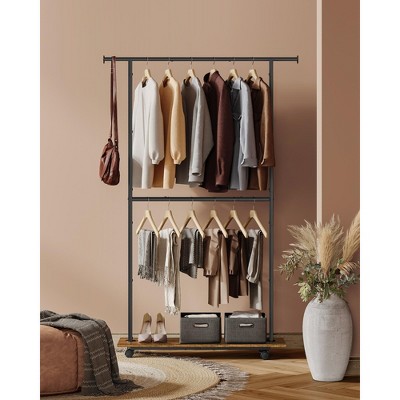 38.8" Adjustable Garment Rack with Wheels & Shelf, Heavy-Duty Clothes Hanger for Hanging Clothes, 121 lb Capacity, Rustic Brown & Ink Black
