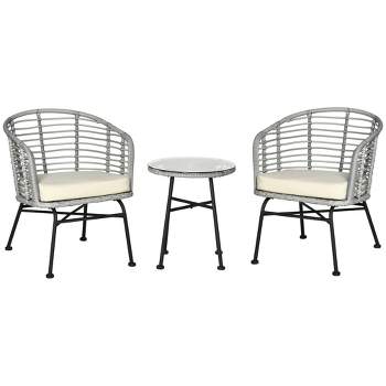 Outsunny 3-Piece Patio Rattan Chair and Table Furniture Set, Outdoor Bistro Set with Two Chairs and Coffee Table for Garden, or Backyard