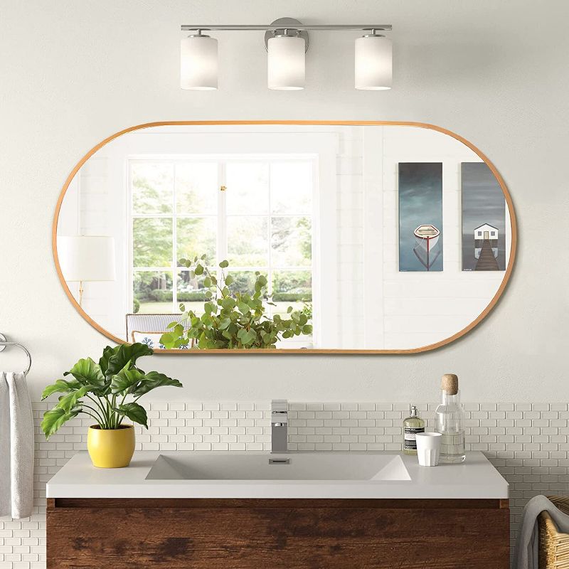 Modern Oval Bathroom Mirror,36"x18" Stainless Steel Metal Frame Wall Mount,Pre-Set Hooks for Vertical & Horizontal Hang-The Pop Home, 2 of 8